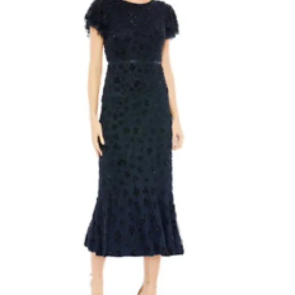 MAC DUGGAL 10771 FLOUNCE SLEEVE MIDI MIDNIGHT NAVY MIDI DRESS sz 6